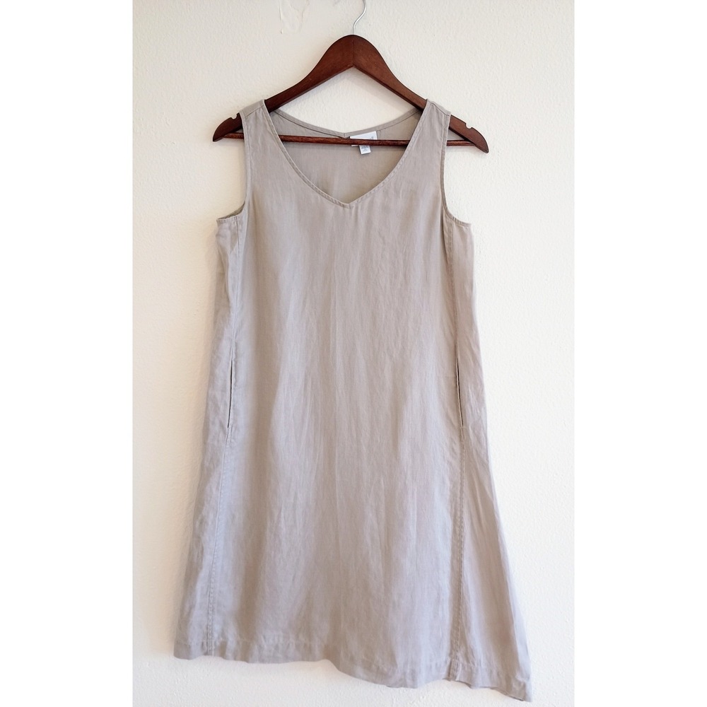 Pure Jill Beige 100% Linen V-Neck Sleeveless Pocket Shift Dress XS Minimalist